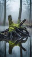 Misty forest with mossy stump photo