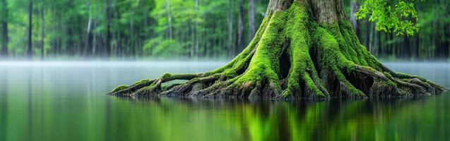 Moss-covered tree roots reflected in water photo