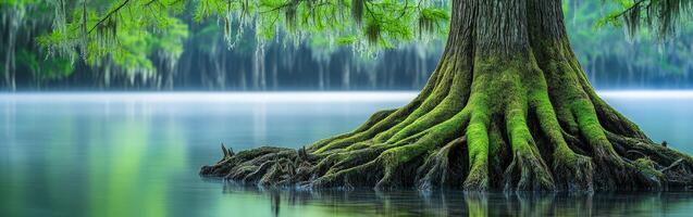 Mossy roots in calm waters soothe photo