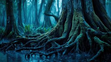 Deep roots in a misty swamp at dawn photo