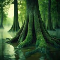 Roots of a majestic tree in a serene forest photo