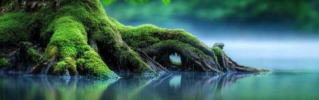 Moss-covered tree roots by tranquil water photo