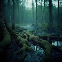 Serene swamp with mossy roots at dusk photo