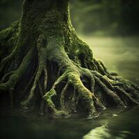 Mossy tree roots in serene water photo