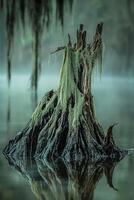 Stump covered in moss in a misty swamp photo