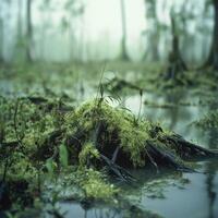 Moss-covered log in a misty wetland photo