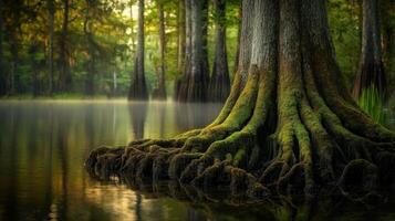 Cypress trees in a peaceful swamp photo