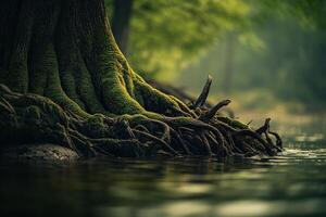 Roots of a tree by a tranquil riverbank photo