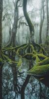 Misty swamp with twisted trees photo