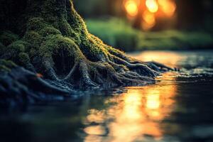 Water reflecting tree roots in quiet sunset photo