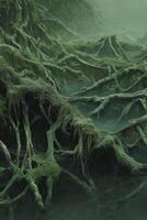 Intricate roots submerged in misty water photo