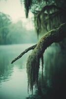Mossy branch hanging over still water at dawn photo