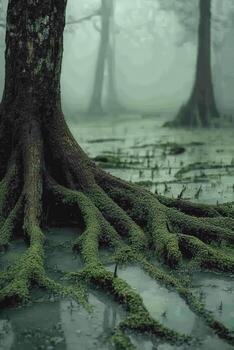 Roots of ancient trees emerge in misty swamp photo