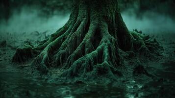 Moss-covered tree roots in a misty swamp photo