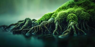 Root system of moss-covered tree in water photo