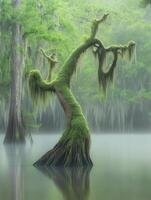Mysterious cypress tree in a foggy swamp photo