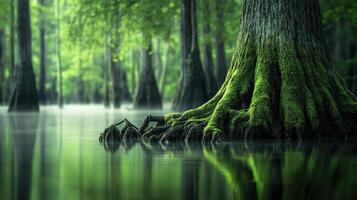 Mossy tree roots emerging from tranquil water photo