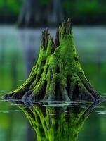 Swamp tree stump covered in green moss photo