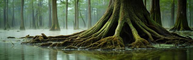 Moss-covered roots in a misty swamp landscape photo