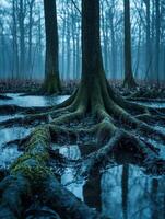 Roots of ancient trees in a misty forest photo