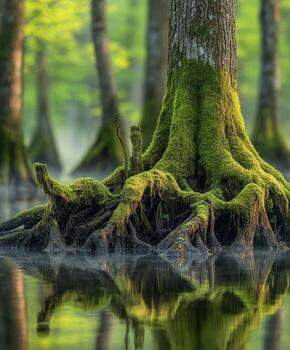 Mystical tree roots in serene water setting photo