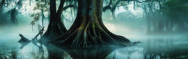 Mysterious cypress trees in misty swamp photo