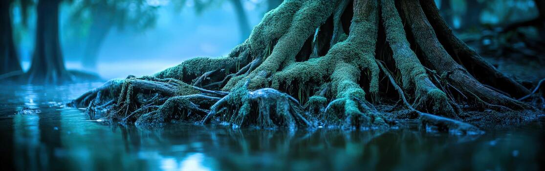 Mossy tree roots in serene wetland at dawn photo