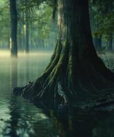 Stunning tree roots emerge from calm water photo