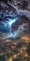 A stormy night sky with lightning and clouds photo