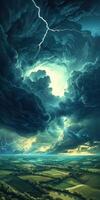A painting of a stormy sky with lightning photo
