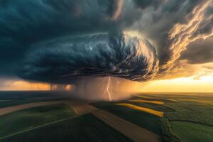 Dramatic thunderstorm rolls over green fields photo