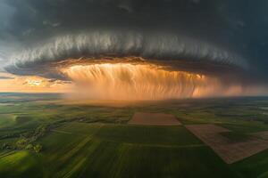 A large cloud is seen over a field photo