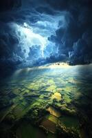 Dark clouds loom over green fields photo