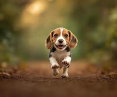 Beagle puppy joyfully running down the path photo