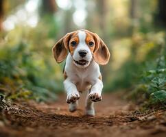 Beagle pup runs in sunny woods photo