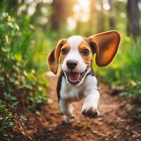 Beagle puppy joyfully runs in forest photo