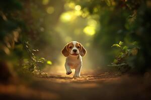 Beagle puppy runs along a sunlit path photo