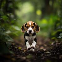 Beagle puppy running through a lush forest photo