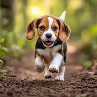 Beagle puppy running happily in the forest photo
