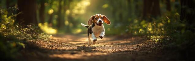 Happy beagle puppy running on a forest path photo