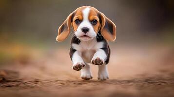Beagle puppy joyfully running on a dirt path photo
