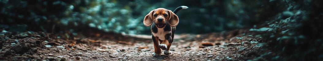 Beagle puppy joyfully runs on a forest path photo
