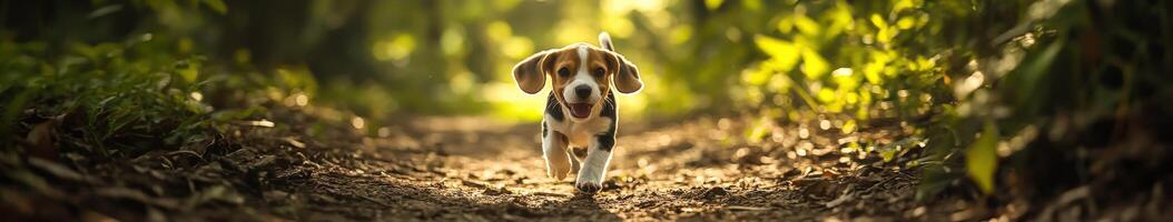 A dog walking through a forest with the sun shining photo