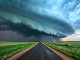 A large storm cloud is seen over a road photo