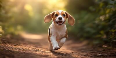 Beagle puppy runs joyfully on a sunny path photo
