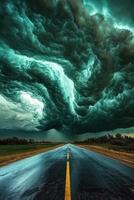 A road is shown with a storm cloud in the sky photo
