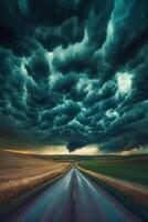 Dark clouds loom over empty country road photo