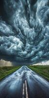 A road is shown under a stormy sky photo