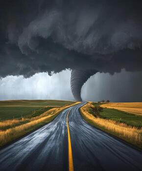 A tornado is seen over a road in the middle of a field photo