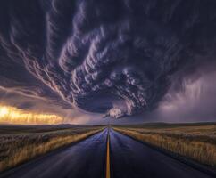 A road is shown with a large storm cloud above it photo